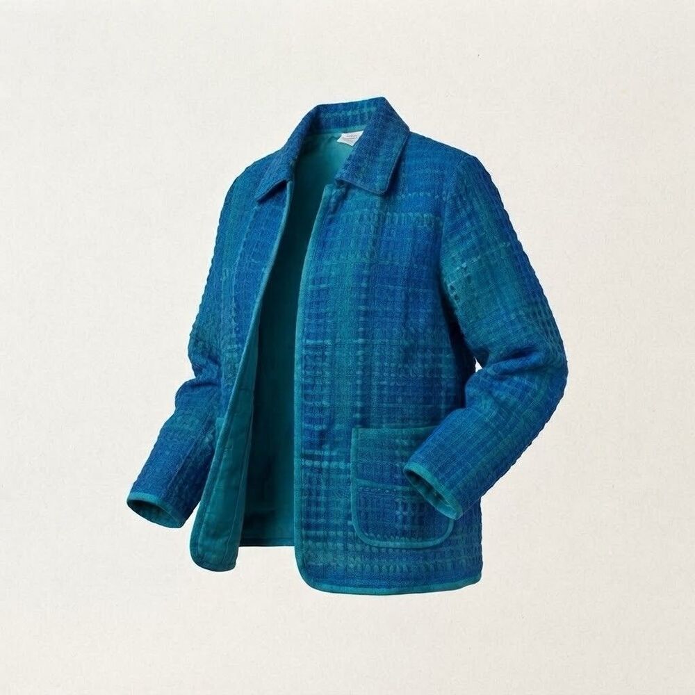 VTG 90s Norm Thompson Womens M 100% Silk Jacket Blazer Blue Purple Woven Artsy